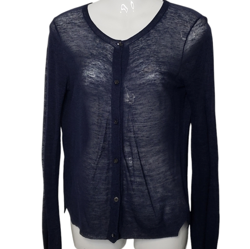 Theory Cardigan Women's Medium Navy Blue Button Up Linen Viscose Lightweight